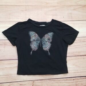 Free People x Vintage Souls Shirt Womens Large‎ Black Blue Crop Top Butterfly